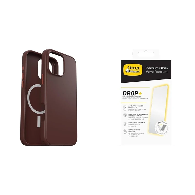 OtterBox Bundle Symmetry Series MagSafe Case for iPhone 16 Pro Max, Shockproof, Drop proof, Protective Thin Case, Brown & Premium Glass Screen Protector