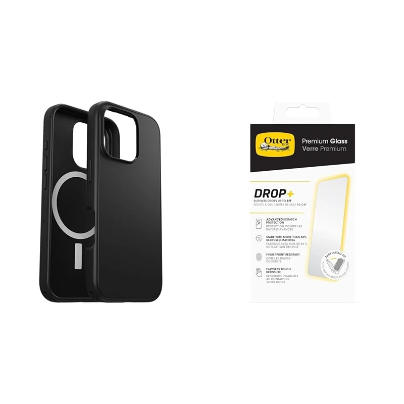 OtterBox Bundle Symmetry Series MagSafe Case for iPhone 16 Pro, Shockproof, Drop proof, Protective Thin Case, Black & Premium Glass Screen Protector