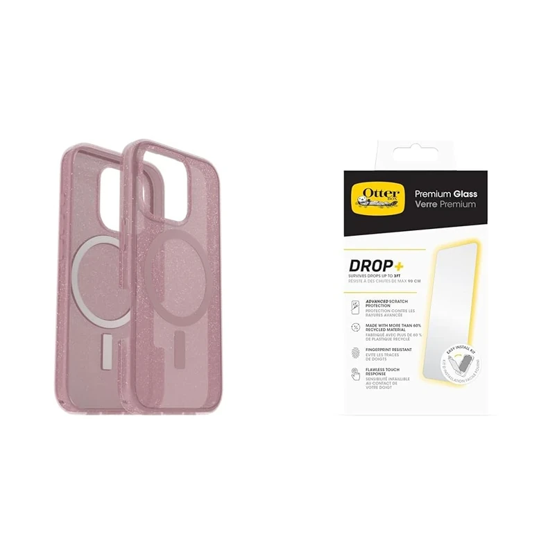 OtterBox Bundle Symmetry Series Clear MagSafe Case for iPhone 16 Pro, Shockproof, Drop proof, Protective Thin Case, Clear/Pink & Premium Glass Screen Protector