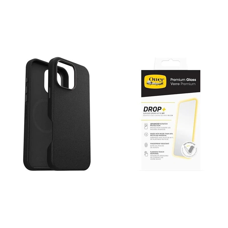 OtterBox Bundle Symmetry Series Cactus Leather MagSafe Case for iPhone 16 Pro Max, Shockproof, Drop proof, Protective Thin Case, Black & Premium Glass Screen Protector