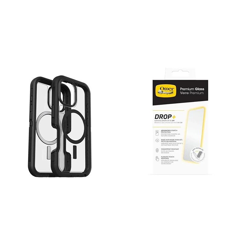 OtterBox Bundle Defender Series XT MagSafe Case for iPhone 16, Shockproof, Drop proof, Ultra-Rugged, Protective Case, Clear/Black & Premium Glass Screen Protector