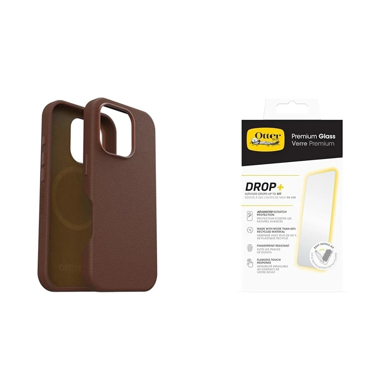 OtterBox Bundle Symmetry Series Cactus Leather MagSafe Case for iPhone 16 Pro, Shockproof, Drop proof, Protective Thin Case, Brown & Premium Glass Screen Protector