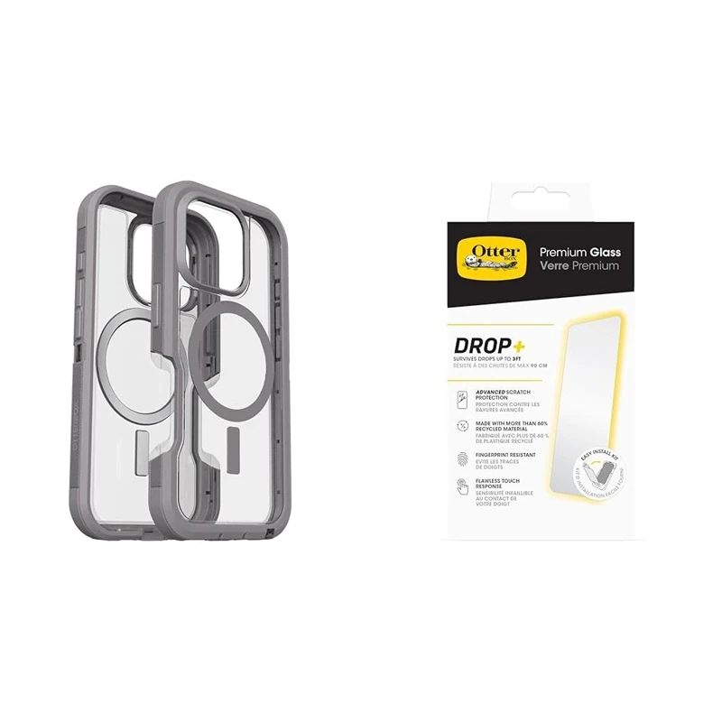 OtterBox Bundle Defender Series XT MagSafe Case for iPhone 16 Pro, Shockproof, Drop proof, Ultra-Rugged, Protective Case, Clear/Grey & Premium Glass Screen Protector