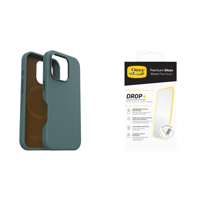 OtterBox Bundle Symmetry Series Cactus Leather MagSafe Case for iPhone 16 Pro, Shockproof, Drop proof, Protective Thin Case, Green & Premium Glass Screen Protector