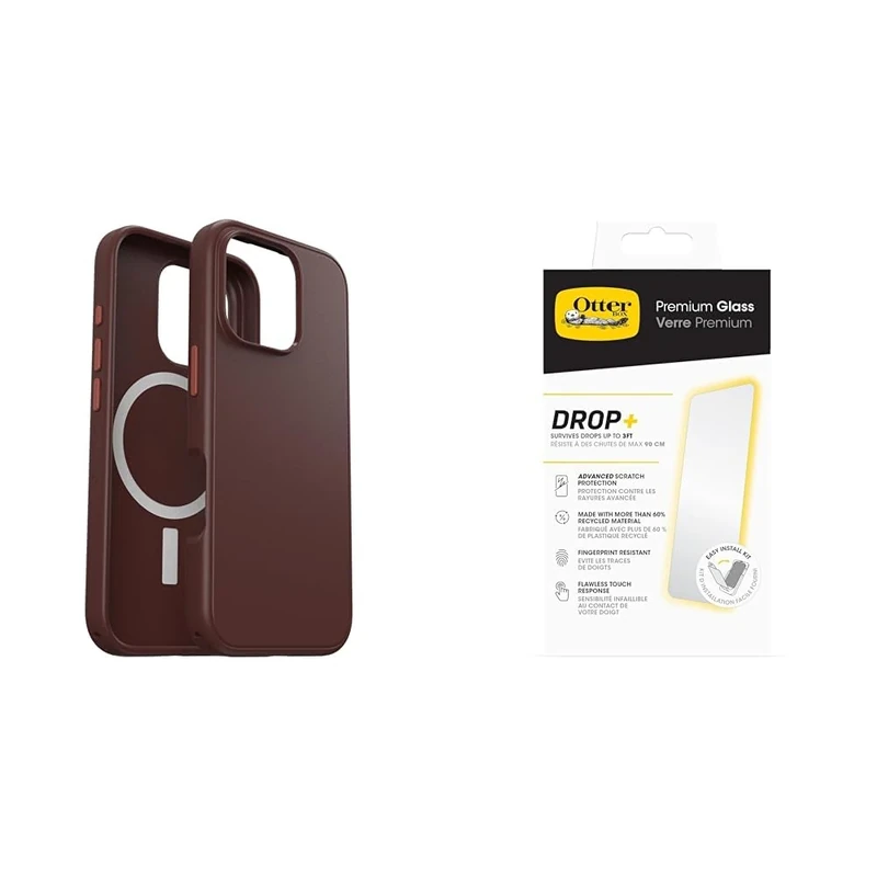 OtterBox Bundle Symmetry Series MagSafe Case for iPhone 16 Pro, Shockproof, Drop proof, Protective Thin Case, Brown & Premium Glass Screen Protector