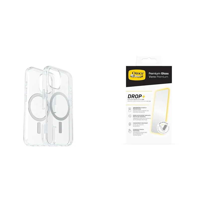OtterBox Bundle Symmetry Series Clear MagSafe Case for iPhone 16, Shockproof, Drop proof, Protective Thin Case, Clear, Non-Retail Packaging & Premium Glass Screen Protector
