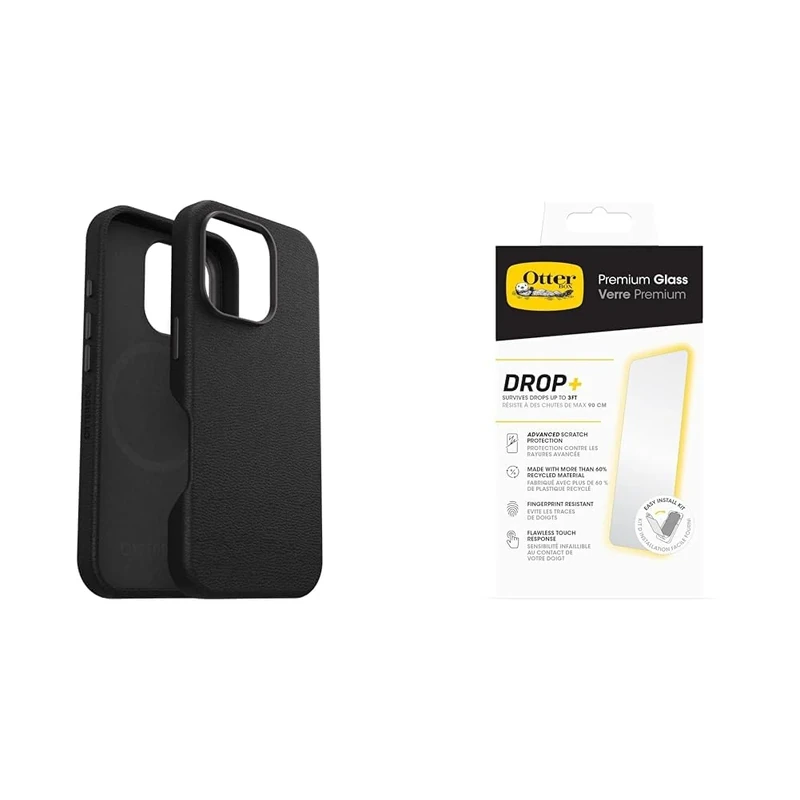 OtterBox Bundle Symmetry Series Cactus Leather MagSafe Case for iPhone 16 Pro, Shockproof, Drop proof, Protective Thin Case, Black & Premium Glass Screen Protector