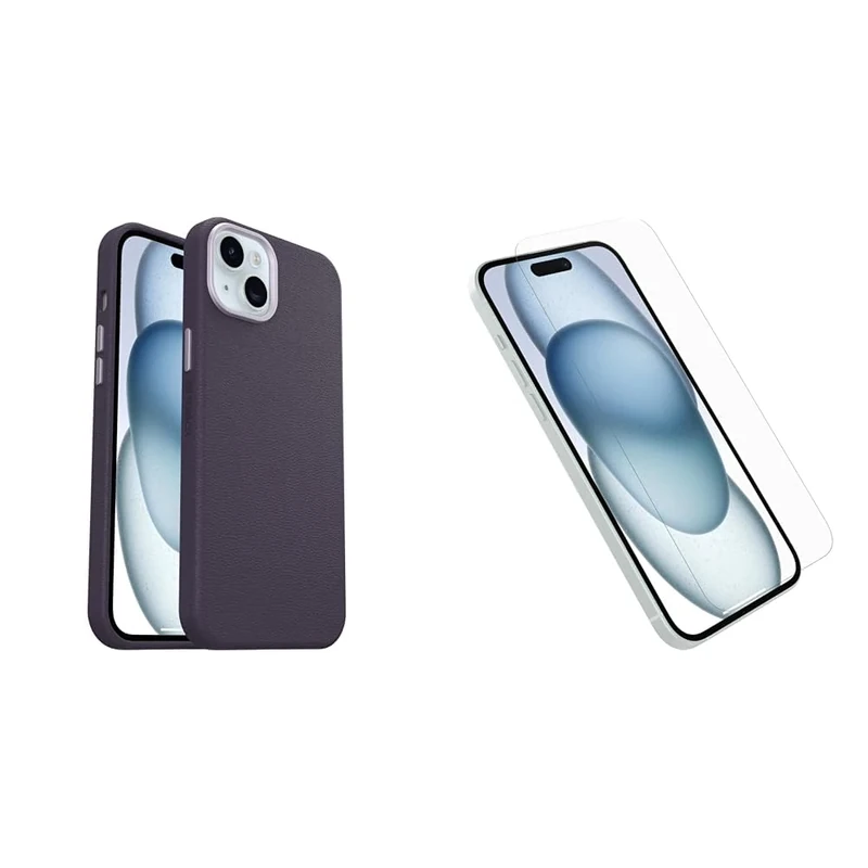 OtterBox Symmetry Series Cactus Leather MagSafe Case for iPhone 15 Plus, Shockproof, Drop proof, Protective Thin Case, 3x Tested to Military Standard, Purple and Screen Protector