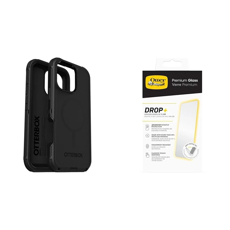 OtterBox Bundle Defender Series MagSafe Case for iPhone 16 Pro Max, Shockproof, Drop Proof, Ultra-Rugged, Protective Case, Black, Non-Retail Packaging & Premium Glass Screen Protector