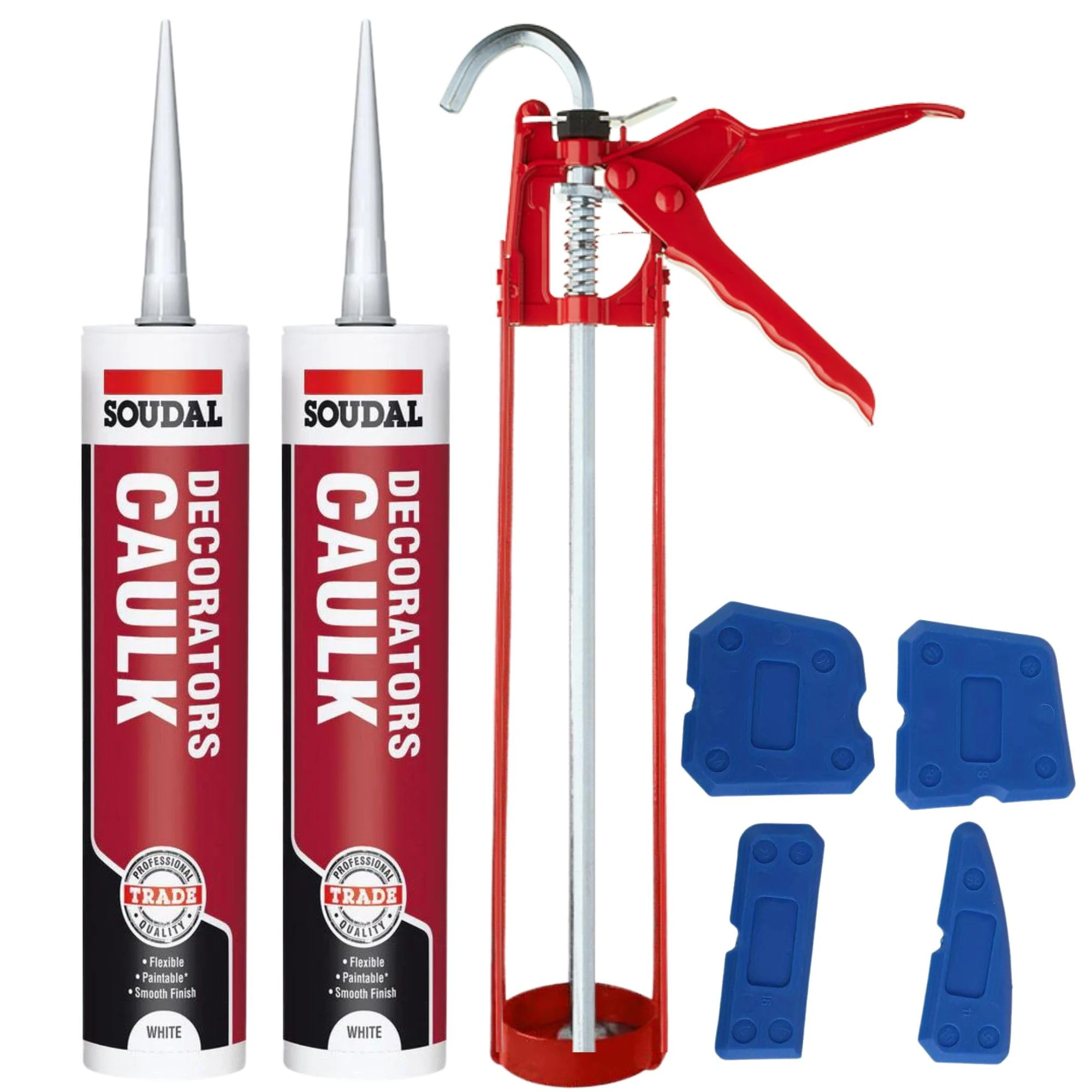 Decorators Caulk White Set - Bundle With Sealant Gun, Silicone Tool Smoothing Set And Soudal White Caulk Gap And Crack Filler Acrylic Silicone Adhesive Sealant