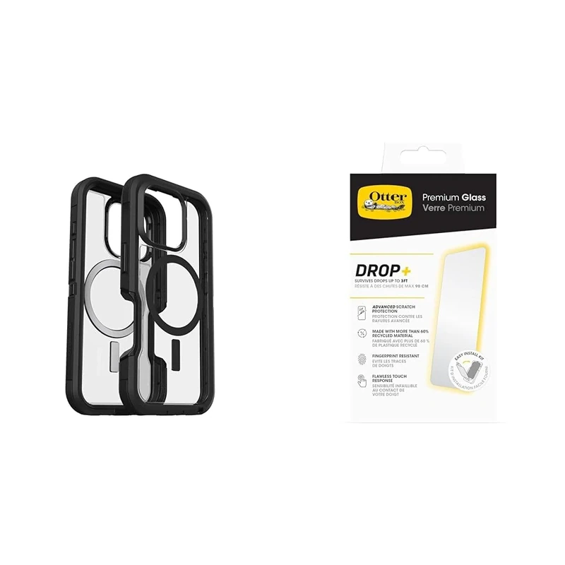 OtterBox Bundle Defender Series XT MagSafe Case for iPhone 16 Pro, Shockproof, Drop proof, Ultra-Rugged, Protective Case, Clear/Black & Premium Glass Screen Protector