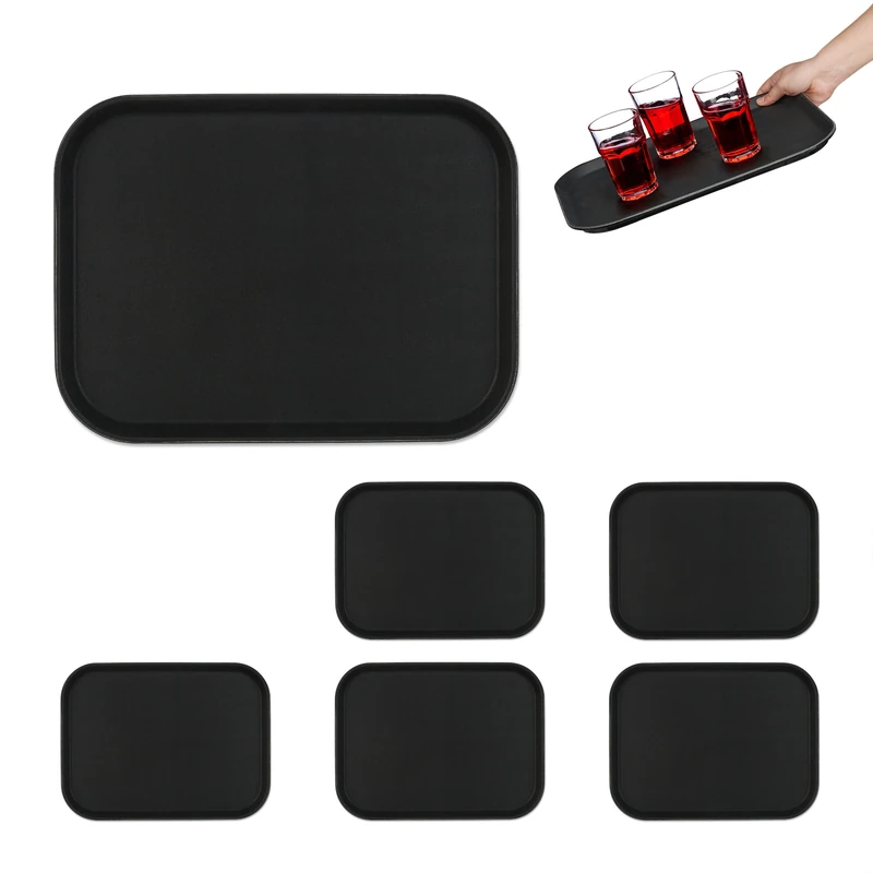 Relaxdays 6X Rectangular Tray, 41 x 30 cm, Drinks Plate, Non-Slip Rubber Surface, Waiter's Catering, Versatile, Black, 2 x 41 x 30 cm