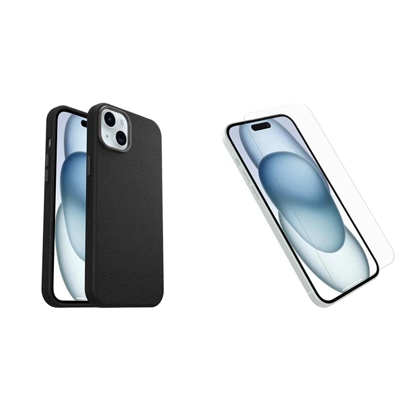 OtterBox Symmetry Series Cactus Leather MagSafe Case for iPhone 15 Plus, Shockproof, Drop proof, Protective Thin Case, 3x Tested to Military Standard, Black and Screen Protector