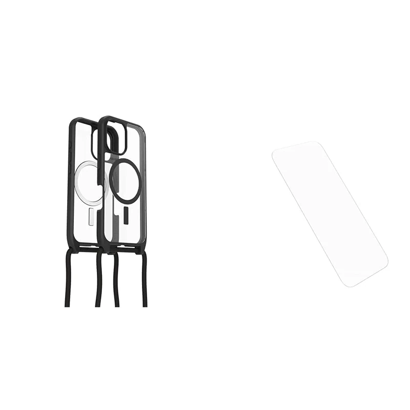 OtterBox React Series Necklace MagSafe Case for iPhone 16, Ultra-Slim, Protective Case with Adjustable and Detachable Necklace Strap, Clear/Black, Non-Retail Packaging and Screen Protector