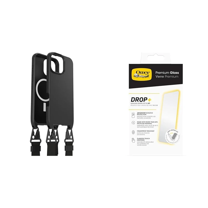 OtterBox Bundle React Series Lanyard MagSafe Case for iPhone 16 Pro Max, Ultra-Slim, Case with Adjustable and Detachable Lanyard Strap, Black, Non-Retail Packaging & Premium Glass Screen Protector