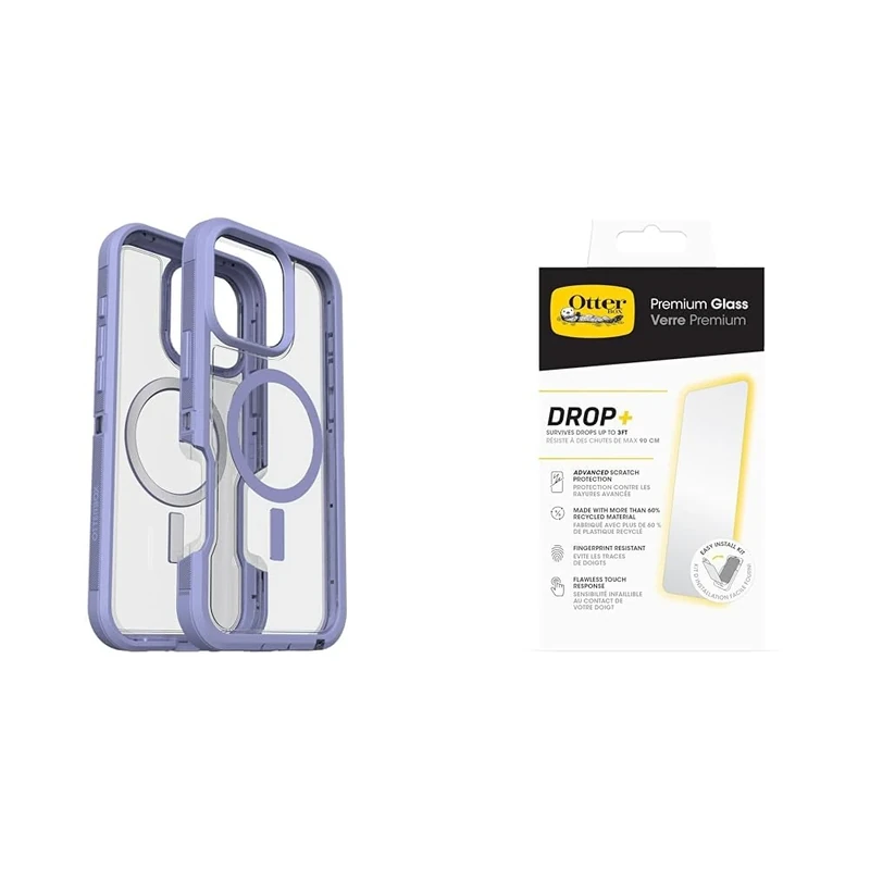 OtterBox Bundle Defender Series XT MagSafe Case for iPhone 16 Pro Max, Shockproof, Drop proof, Ultra-Rugged, Protective Case, Clear/Purple & Premium Glass Screen Protector