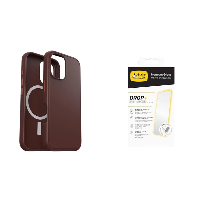 OtterBox Bundle Symmetry Series MagSafe Case for iPhone 16, Shockproof, Drop proof, Protective Thin Case, Brown & Premium Glass Screen Protector