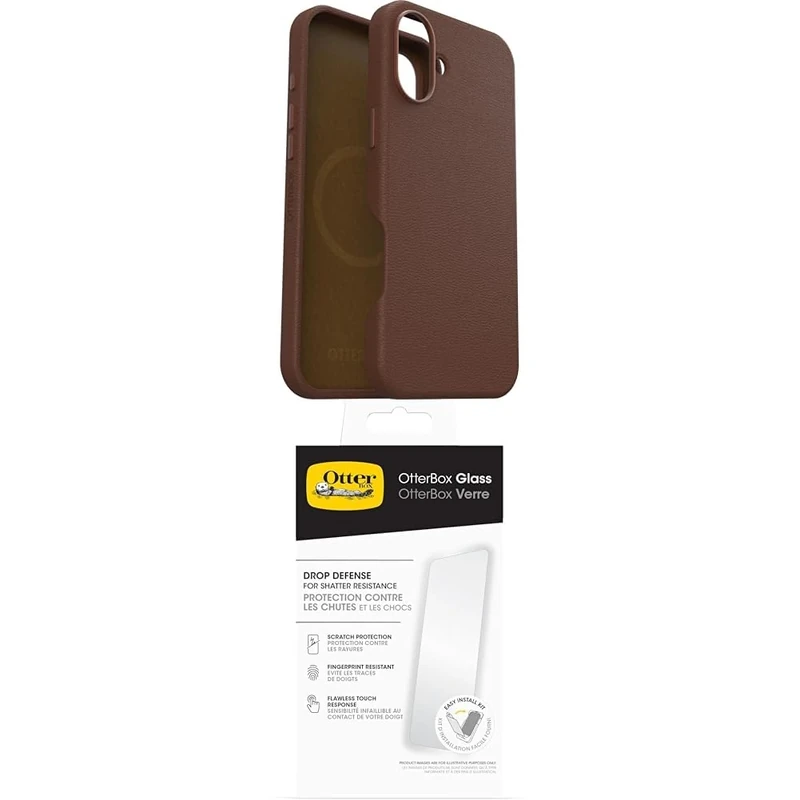 OtterBox Symmetry Series Cactus Leather MagSafe Case for iPhone 16 Plus, Shockproof, Drop proof, Protective Thin Case, 3x Tested to Military Standard, Brown and Screen Protector