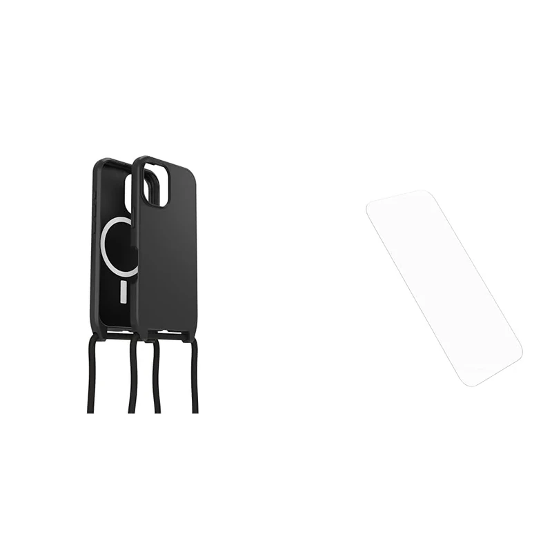 OtterBox React Series Necklace MagSafe Case for iPhone 16, Ultra-Slim, Protective Case with Adjustable and Detachable Necklace Strap, Tested to Military Standard, Black and Screen Protector