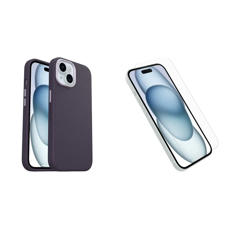 OtterBox Symmetry Series Cactus Leather MagSafe Case for iPhone 15, Shockproof, Drop proof, Protective Thin Case, 3x Tested to Military Standard, Purple and Screen Protector
