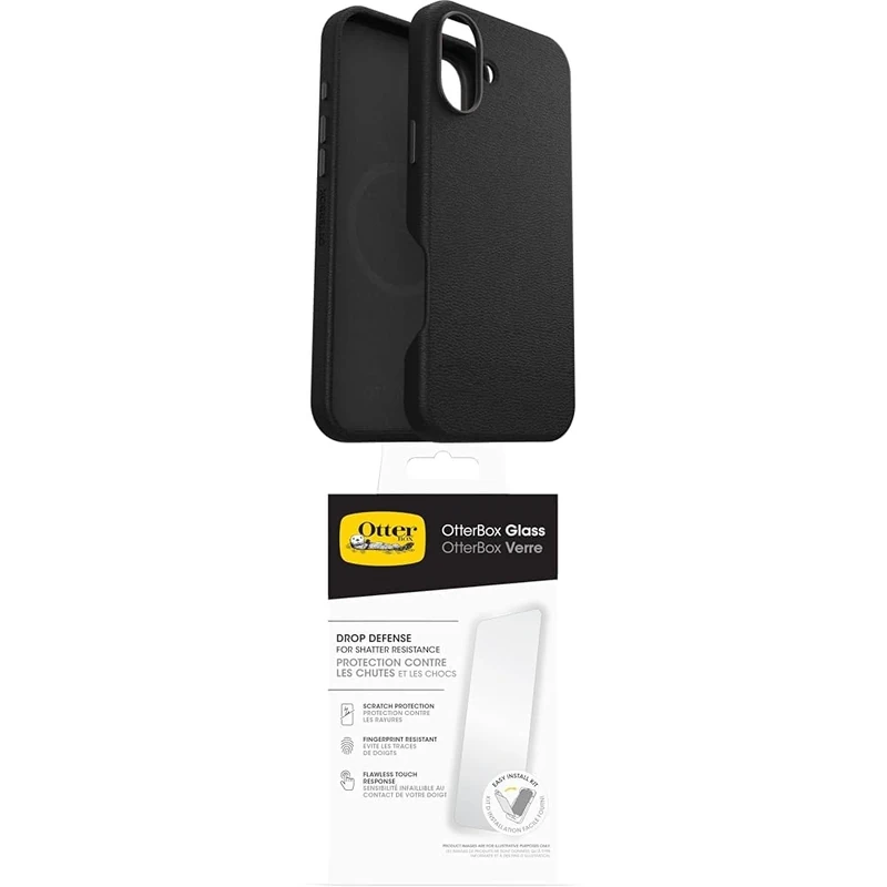 OtterBox Symmetry Series Cactus Leather MagSafe Case for iPhone 16 Plus, Shockproof, Drop proof, Protective Thin Case, 3x Tested to Military Standard, Black and Screen Protector