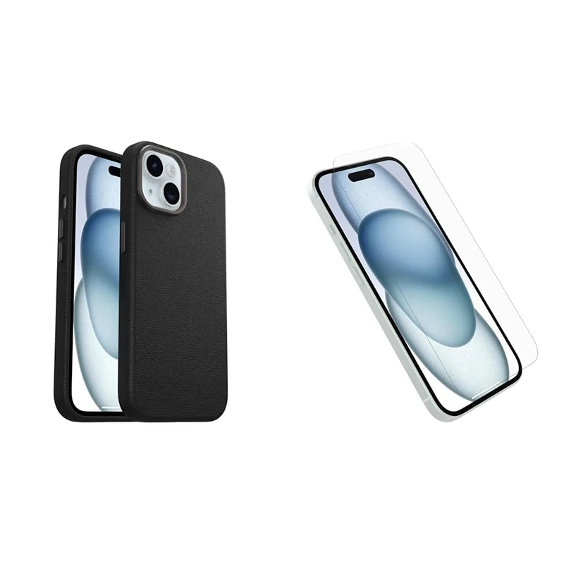 OtterBox Symmetry Series Cactus Leather MagSafe Case for iPhone 15, Shockproof, Drop proof, Protective Thin Case, 3x Tested to Military Standard, Black and Screen Protector