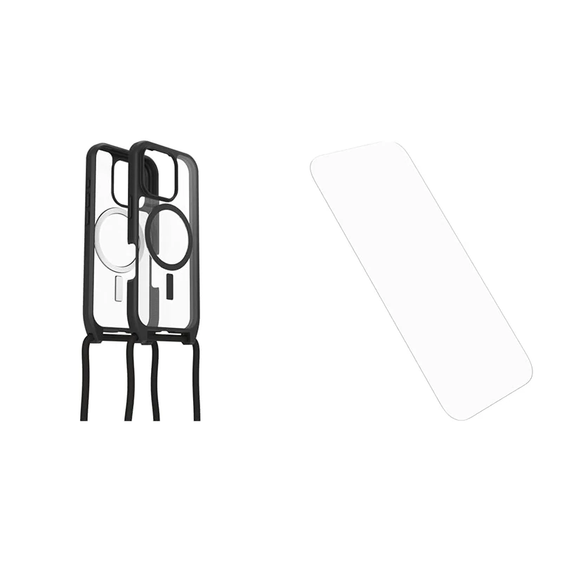 OtterBox React Series Necklace MagSafe Case for iPhone 16 Pro, Ultra-Slim, Protective Case with Adjustable and Detachable Necklace Strap, Clear/Black, Non-Retail Packaging and Screen Protector