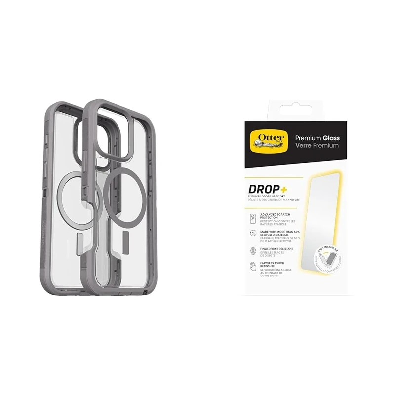 OtterBox Bundle Defender Series XT MagSafe Case for iPhone 16 Pro Max, Shockproof, Drop proof, Ultra-Rugged, Protective Case, Clear/Grey & Premium Glass Screen Protector