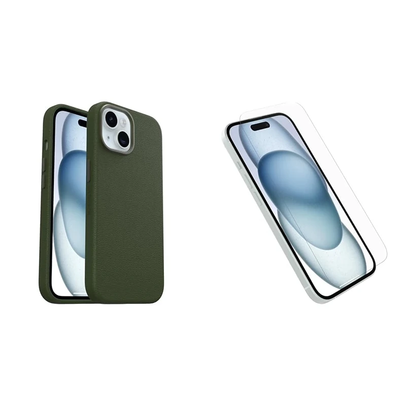 OtterBox Symmetry Series Cactus Leather MagSafe Case for iPhone 15, Shockproof, Drop proof, Protective Thin Case, 3x Tested to Military Standard, Green and Screen Protector