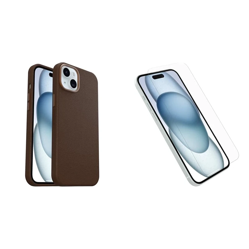 OtterBox Symmetry Series Cactus Leather MagSafe Case for iPhone 15 Plus, Shockproof, Drop proof, Protective Thin Case, 3x Tested to Military Standard, Brown and Screen Protector