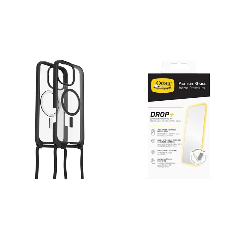 OtterBox React Series Necklace MagSafe Case for iPhone 16 Pro Max, Ultra-Slim,Protective Case with Adjustable and Detachable Necklace Strap,Clear/Black,Non-Retail Packaging and Screen Protector