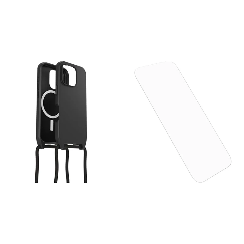 OtterBox React Series Necklace MagSafe Case for iPhone 16 Pro, Ultra-Slim, Protective Case with Adjustable and Detachable Necklace Strap, Tested to Military Standard, Black and Screen Protector