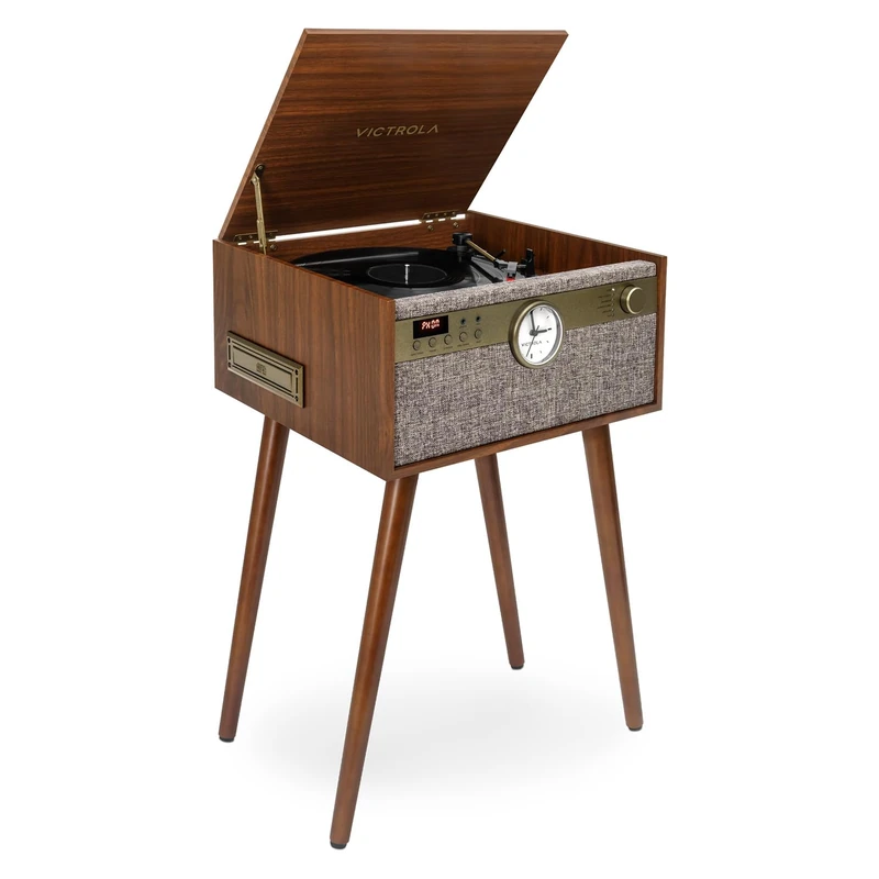 Victrola Century Signature+ – 6-in-1 Vinyl Record Player & Music Centre - 3-Speed Turntable, CD & Cassette, VINYLSTREAM, Bluetooth & 3.5mm Aux, Record Player with Speakers and Clock, 18" Legs (Walnut)