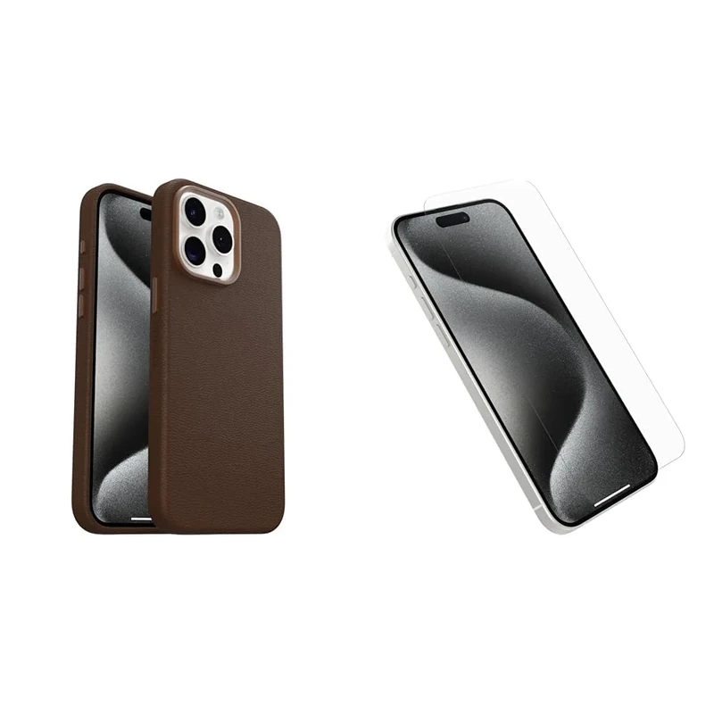 OtterBox Symmetry Series Cactus Leather MagSafe Case for iPhone 15 Pro Max, Shockproof, Drop proof, Protective Thin Case, 3x Tested to Military Standard, Brown and Screen Protector
