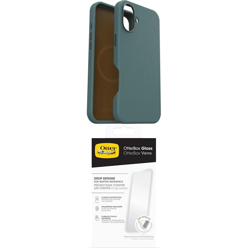 OtterBox Symmetry Series Cactus Leather MagSafe Case for iPhone 16 Plus, Shockproof, Drop proof, Protective Thin Case, 3x Tested to Military Standard, Green and Screen Protector