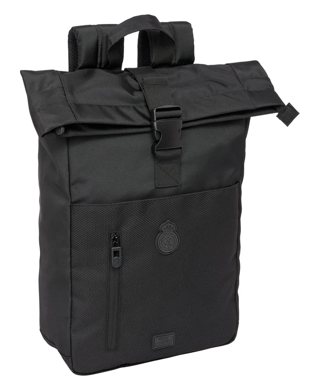 Real Madrid Premium – Backpack with Flap for 15.6 Inch Laptop, Ideal for Different Ages, Comfortable and Versatile, Quality and Resistance, 28 x 13 x 42 cm, Black, Black/White, Estándar, Casual