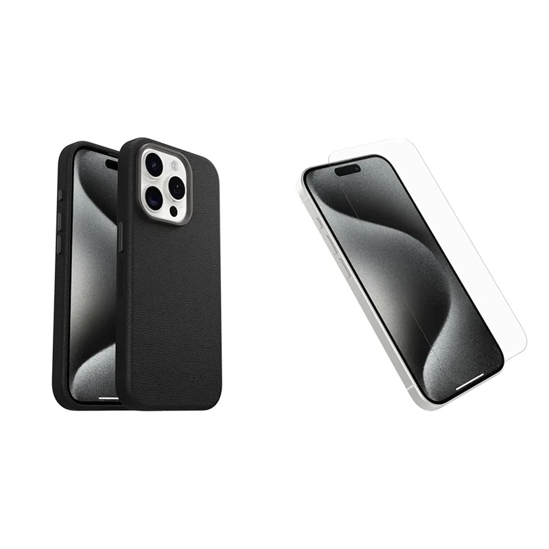 OtterBox Symmetry Series Cactus Leather MagSafe Case for iPhone 15 Pro, Shockproof, Drop proof, Protective Thin Case, 3x Tested to Military Standard, Black and Screen Protector