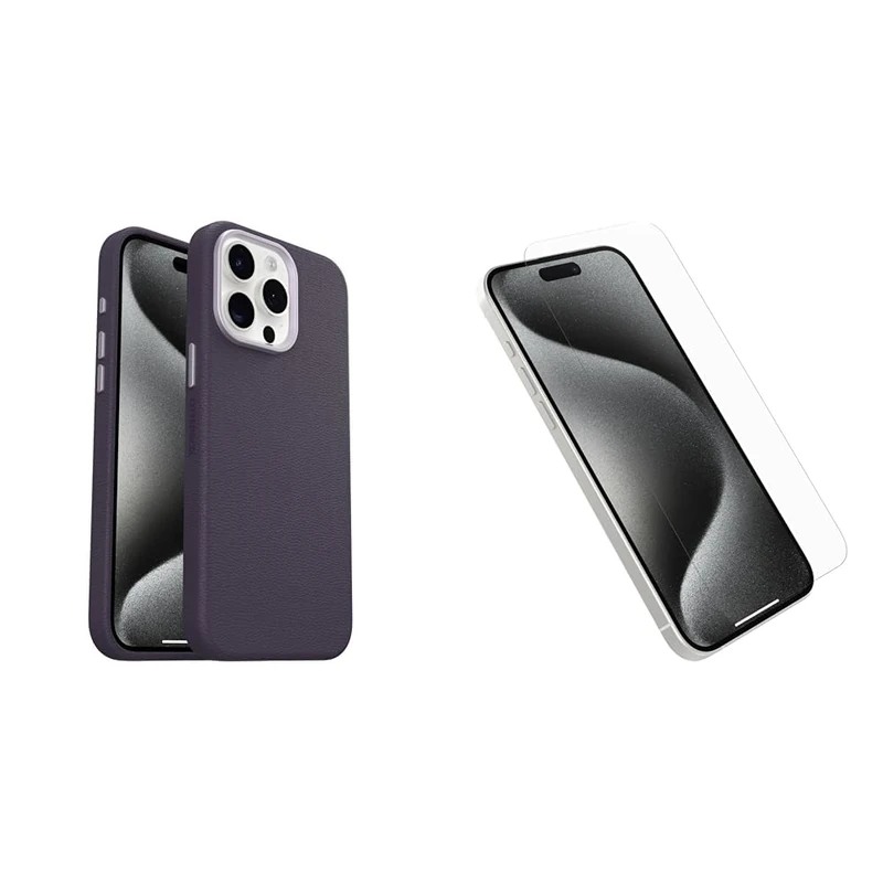 OtterBox Symmetry Series Cactus Leather MagSafe Case for iPhone 15 Pro Max, Shockproof, Drop proof, Protective Thin Case, 3x Tested to Military Standard, Purple and Screen Protector