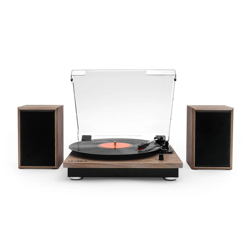 Victrola Montauk Vinyl Record Player, 3-Speed Belt Driven Turntable with Stereo Bluetooth Speaker Pair, RCA Output and 3.5mm Headphone Jack, Removable Dust Cover (Oak Finish)