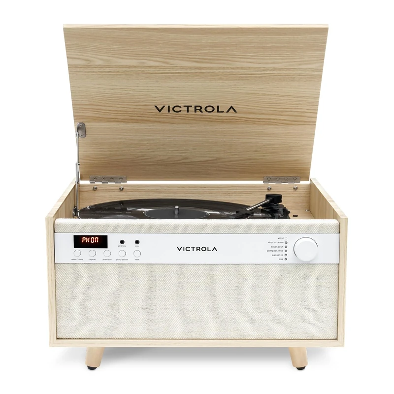 Victrola Century 6-in-1 Vinyl Record Player & Music Centre – 3-Speed Turntable, CD & Cassette Player, VINYLSTREAM, Bluetooth & 3.5mm Aux, Record Player with Speakers, Mid Century Design (Natural)