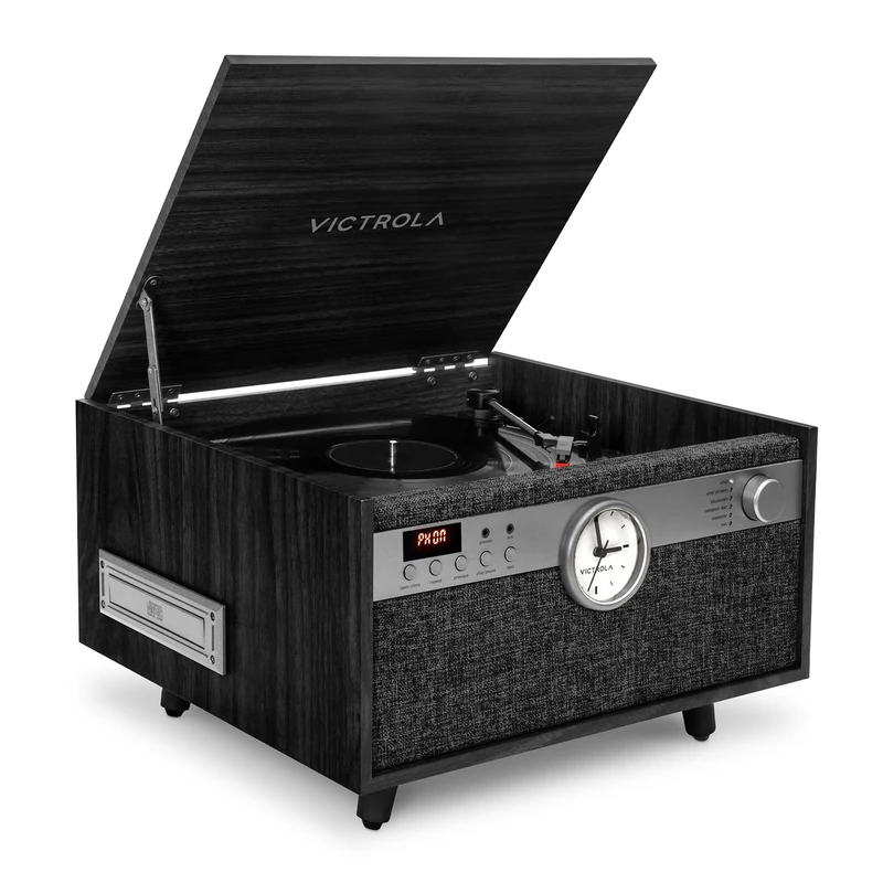 Victrola Century Signature+ – 6-in-1 Vinyl Record Player & Music Centre - 3-Speed Turntable, CD & Cassette, VINYLSTREAM, Bluetooth & 3.5mm Aux, Record Player with Speakers and Clock (Black) - Image 1