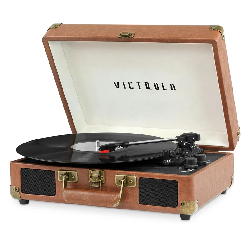Victrola Journey Bluetooth Portable Suitcase Record Player – with Built-in Speakers, 3 Speed Vinyl Record Player, RCA Out, Headphone Jack (Brown)