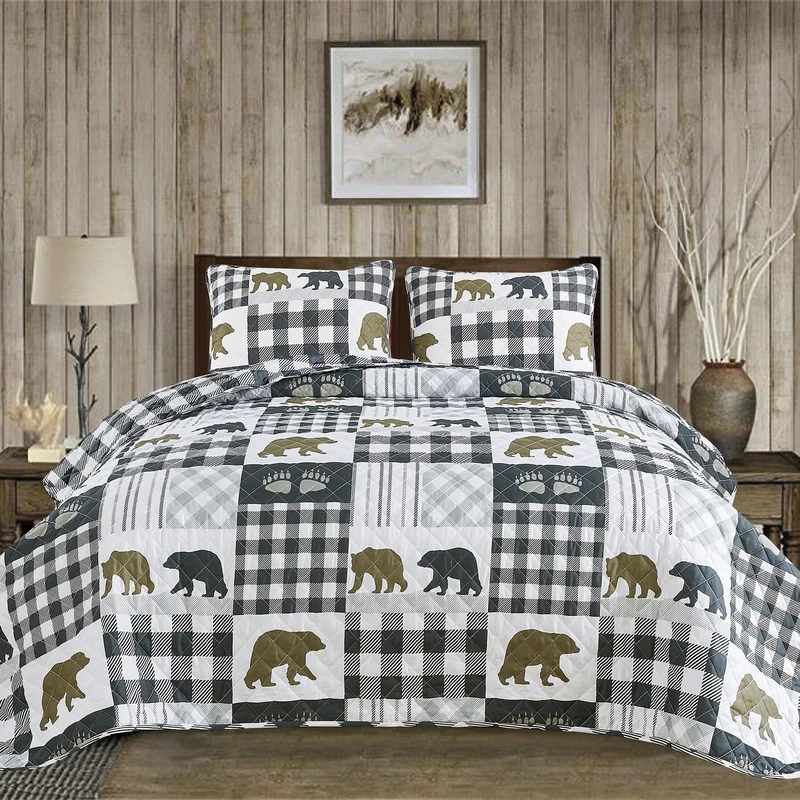 Market & Place Rustic Quilts Full/Queen Size | 3-Piece Cabin Comforter Set with Shams | Reversible Lodge Bear Bedding for All Season | Orson Collection (Full/Queen, Grey/Brown)