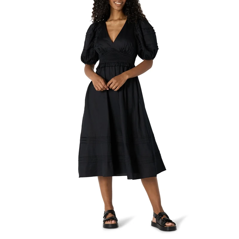 Amazon Essentials Women's Fit and Flare Cotton Sateen Puff Sleeve Midi Dress, V-Neck, Black, M - Image 1