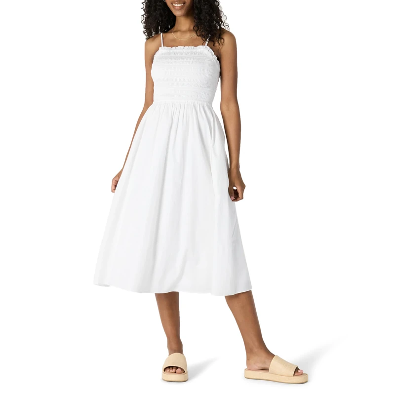Amazon Essentials Women's Regular-Fit Cotton Sateen Smocked Bodice Dress, White, S