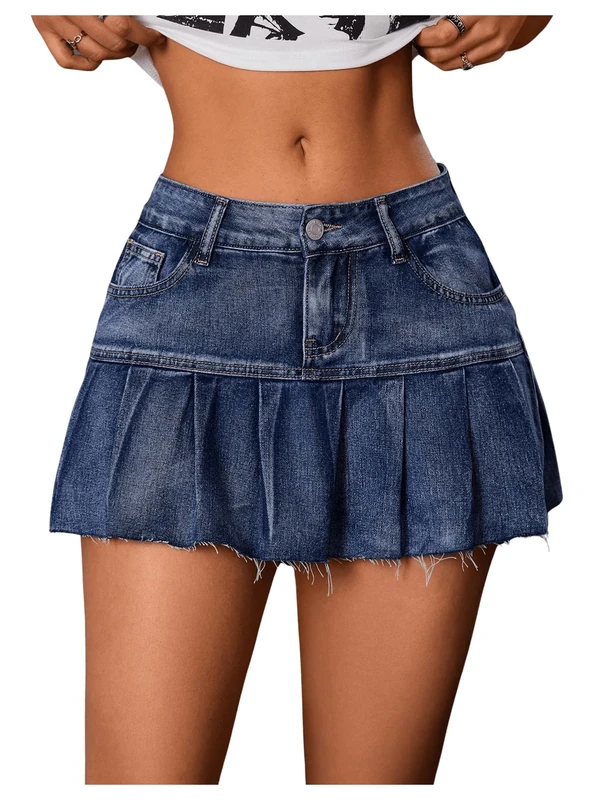 GORGLITTER Women's A Line Pleated Denim Skirts Flared Raw Hem Drop Waist Mini Jeans Skirt Dark Wash S