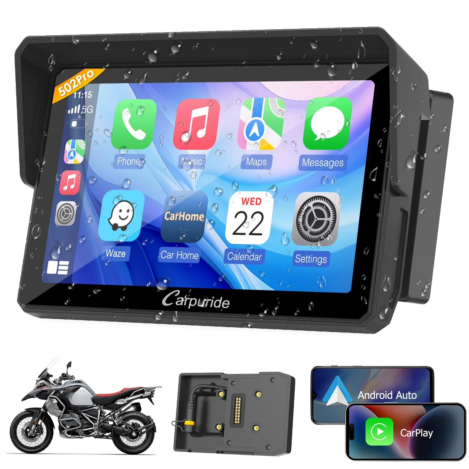 Carpuride W502B Pro for B.M W Motorcycle CarPlay & Android Auto & Dual Bluetooth, 5" Waterproof GPS Navigation Screen for Motorbike, Music Sharing, Intercom, EQ, Light Sensor, Compass, Barometer