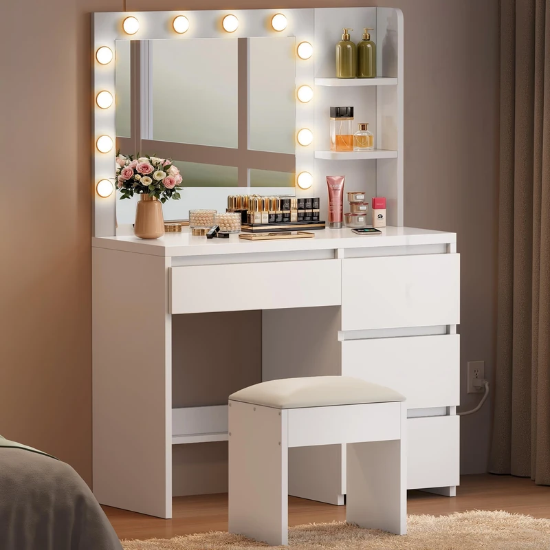 YITAHOME Dressing Table with Mirror and Stool, White Makeup Vanity Desk Dressing Table with Drawers, Open Shelves Morden Bedroom Dressing Tables with 12 LED Lights Adjustable Brightness