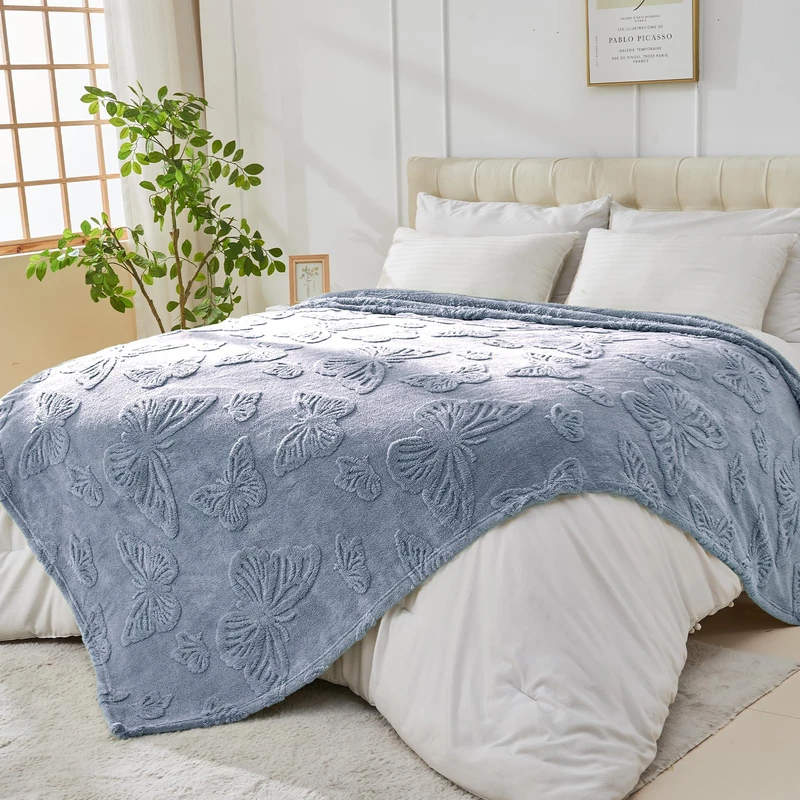 GIOKARNNA Throw Blankets with Butterfly,Soft Warm Blankets for Lover Mom Father Friends Gifts Pets,Lightweight Fuzzy Blanket for Couch Sofa Bed(Pearl Blue,90"x90")