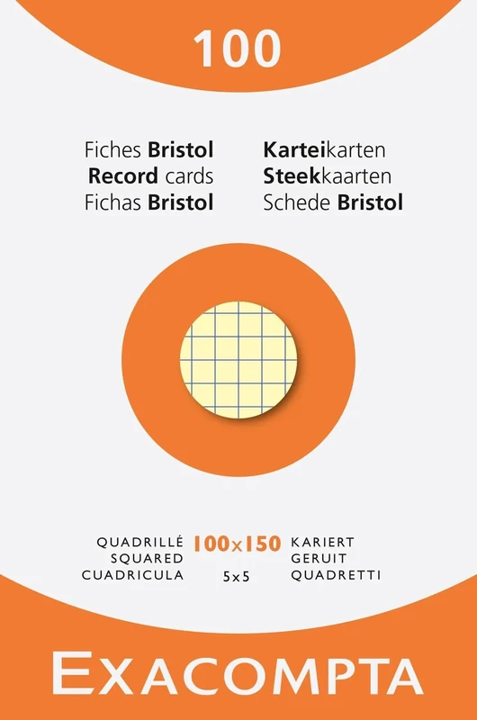 Exacompta - Ref 13272E - Box of 10 Boxes of 100 Index Cards Squared 5x5 unpunched - Format 100 x 150 mm - - Assorted Colours